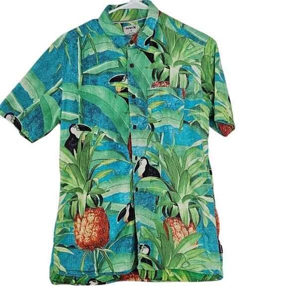 Hurley Mens Sz Small Classic Fit Tropical Button-Up Shirt Toucan & Pineapple - Picture 1 of 8